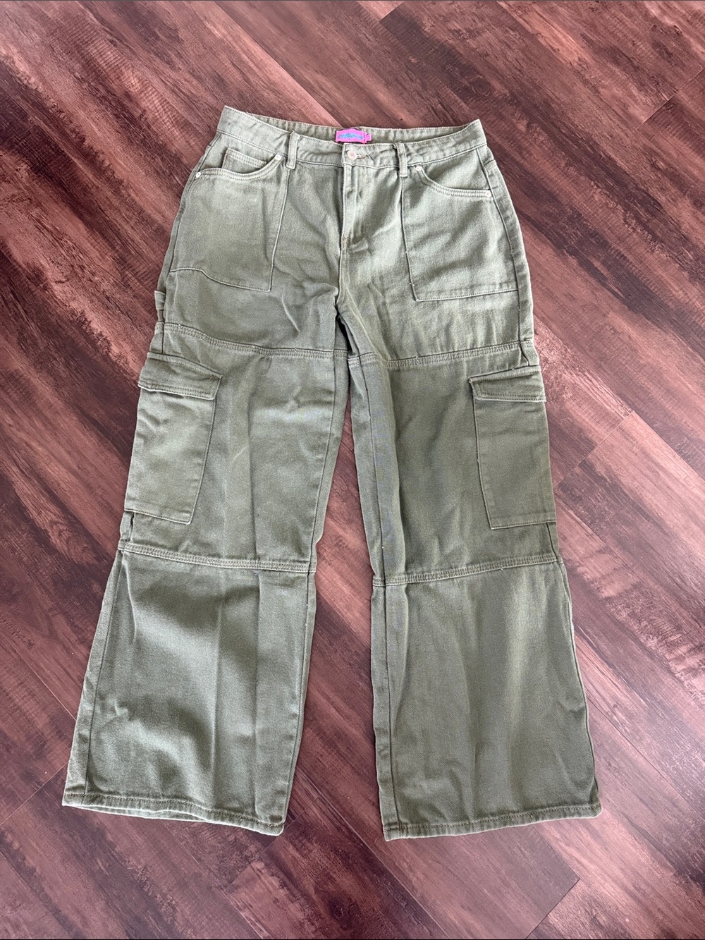Edikted Olive Green High-Rise Cargo Pants with Pink Logo Tag